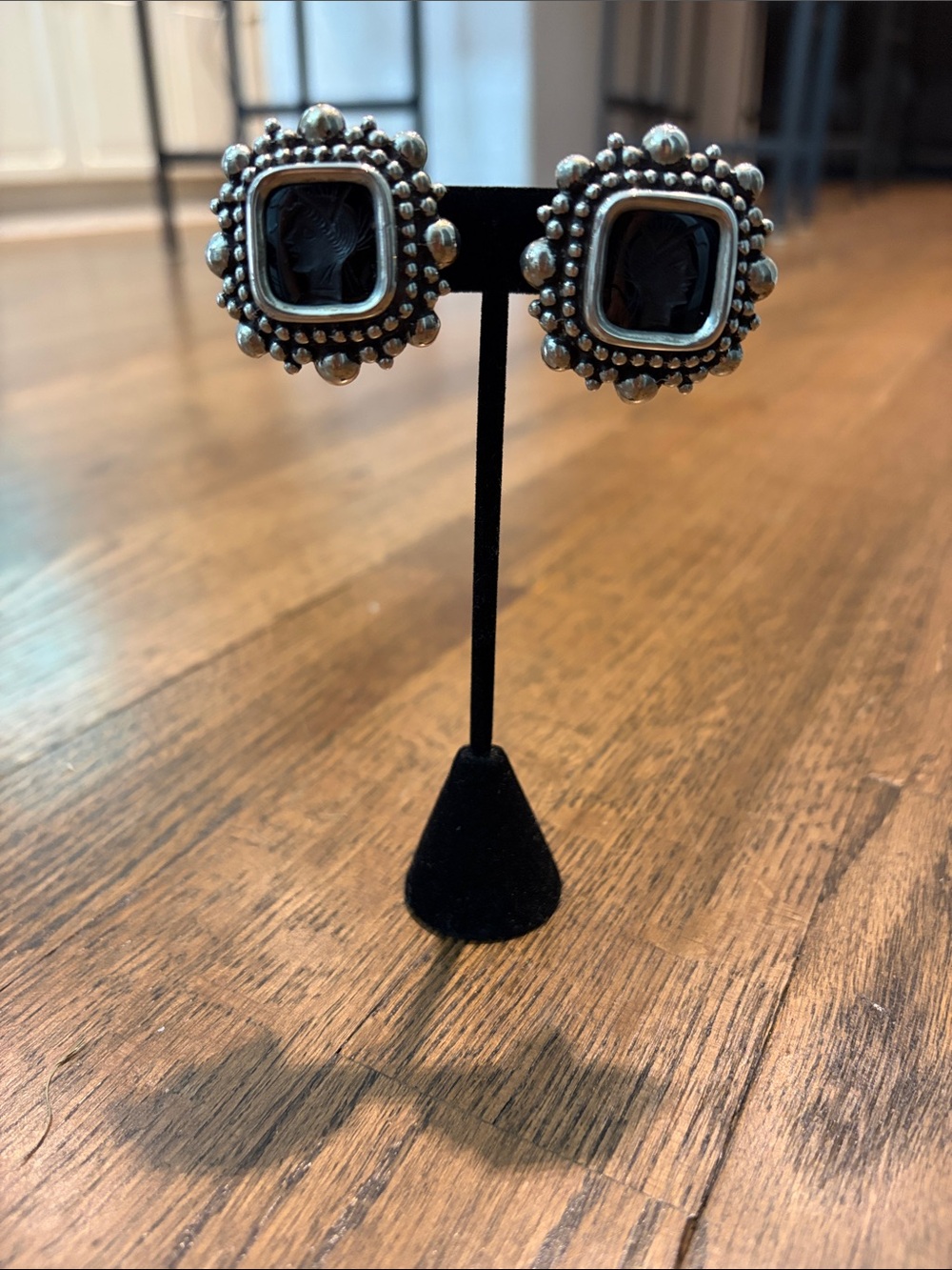Stephen Dweck vintage 925 sterling with  black carved soldier Earrings -CLIP ON